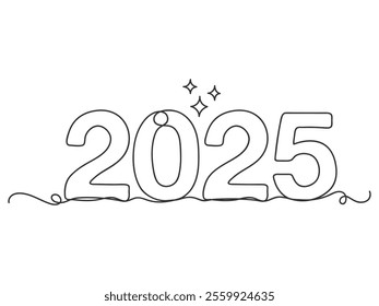 Text 2025 handwritten continuous one line art vector illustration on white background.