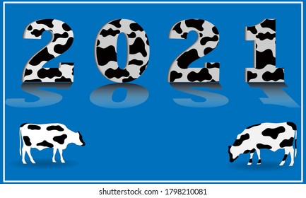 Text 3D 2021 New Year template with cow color pattern vector illustration