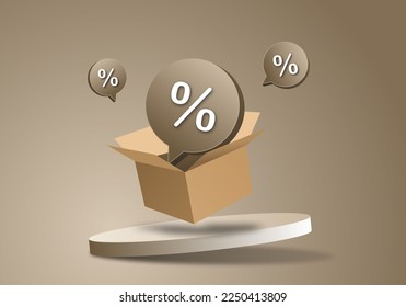 3D-Zeichen in % auf Parzellen und Podien, alle Gegenstände, die in der Luft zum Verkauf, zum Verkauf, zur Werbung, zur Werbung, 3D-Vektorgrafik einzeln auf orangefarbenem Hintergrund schwimmen