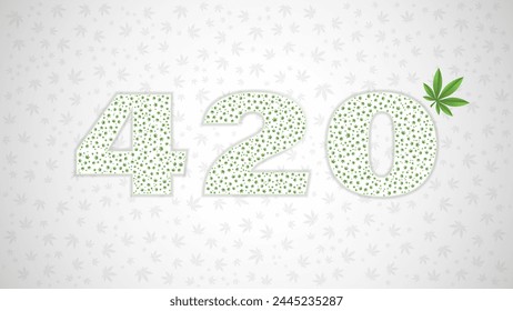 Text 420 with cannabis leaves, vector illustration. Cannabis legalization date celebrated annually on April 20