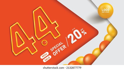 Text 4.4 has a yellow border. and promotional mega sale, 20% off, placed on an abstract background with balls elements to convey the promotion Fourth day of the fourth month,vector 3d for advertising