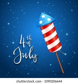 Text 4th of July and firework rocket for Independence Day on blue starry background, illustration.