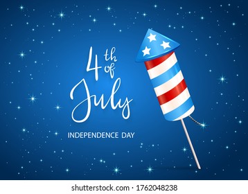 Text 4th of July and firework rocket for Independence Day on blue starry background. Illustration can be used for holiday design, cards, posters, banners.