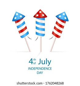 Text 4th of July and firework rocket for Independence Day. Set of fireworks isolated on white background. Illustration can be used for holiday design, cards, posters, banners.