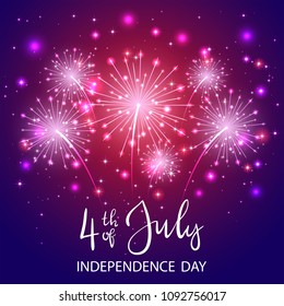 Text 4th of July and Independence day with shiny fireworks and stars on violet background, illustration.