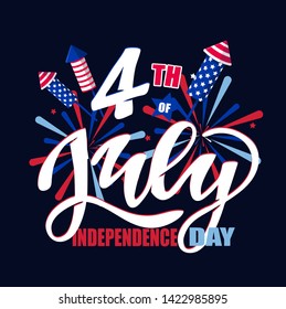 Text 4th of July. Independence Day vector lettering typography for postcard, card, banner. Celebration calligraphy. US military armed forces typography concept . National poster design