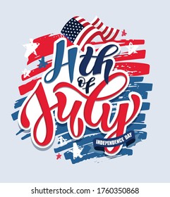 Text 4th of July. Independence Day vector lettering typography for postcard, card, banner. Celebration calligraphy. US military armed forces typography concept . National poster design