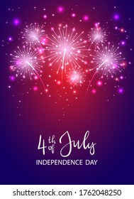 Text 4th of July and Independence day with shiny fireworks and stars on dark violet background. Independence day Theme. Illustration can be used for holiday design, cards, posters, banners.