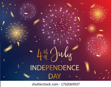 Text 4th of July and Independence day with shiny fireworks and stars on dark blue and red background. Independence day Theme. Illustration can be used for holiday design, cards, posters, banners.