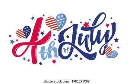 Text 4th of July. Independence Day vector lettering typography for postcard, card, banner. Celebration calligraphy. US military armed forces typography concept . National poster design