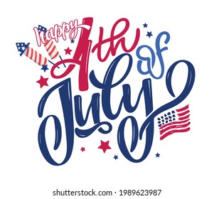 Text 4th of July. Independence Day vector lettering typography for postcard, card, banner. Celebration calligraphy. US military armed forces typography concept . National poster design