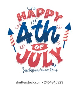 Text 4th of July. Independence Day vector lettering typography for postcard, card, banner. 100% vector image hand drawn