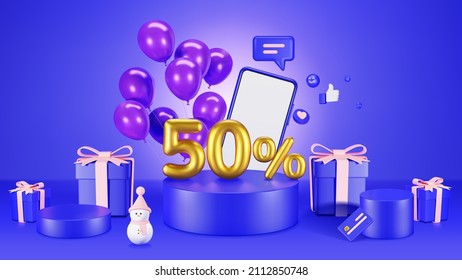 Text for 50% sale on blue podium with balloon, smartphone mockup, snowman, gift box and icons. 3d illustration for shopping online design.