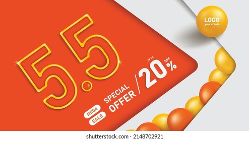 El texto 5.5 tiene un borde amarillo. y mega venta promocional, 20% de descuento, colocado en un fondo abstracto con elementos de bolas para transmitir la promoción cinco días de los cinco meses,vector 3d para publicidad