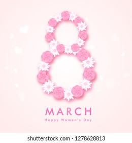 Text 8 march made by paper cut flowers on glossy pink background. Greeting card design for women's day celebration.