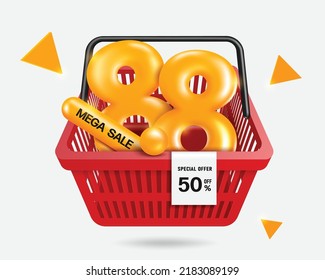 Text 8.8Yellow
and there's wind batons also known as thunder sticks with MEGA SALE text are placed in red shopping basket and have receipt with a text 50% off in front of  basket,vector for promotion