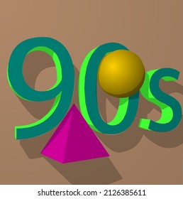 text 90s and pyramid style three-dimensional buildings. 90s nostalgia