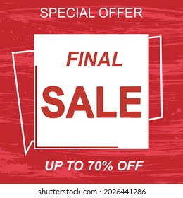 Text about the final sale on a bright red background with a texture. A banner with an announcement of large discounts. For fashion design, store, online shopping, market.