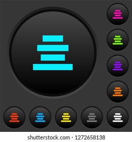 Text align center dark push buttons with vivid color icons on dark grey background