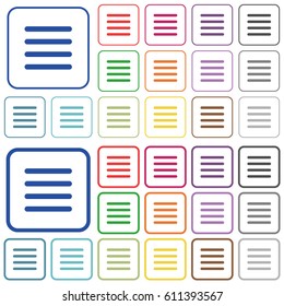 Text align justify color flat icons in rounded square frames. Thin and thick versions included.