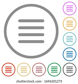 Text align justify flat color icons in round outlines on white background