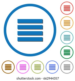 Text align justify flat color vector icons with shadows in round outlines on white background