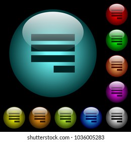 Text align justify last row right icons in color illuminated spherical glass buttons on black background. Can be used to black or dark templates