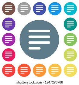 Text align justify last row left flat white icons on round color backgrounds. 17 background color variations are included.