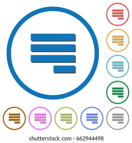 Text align justify last row right flat color vector icons with shadows in round outlines on white background