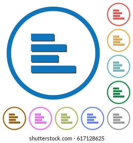 Text align left flat color vector icons with shadows in round outlines on white background