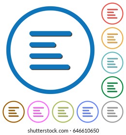 Text align left flat color vector icons with shadows in round outlines on white background