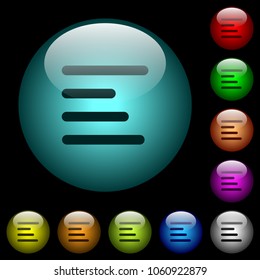 Text align left icons in color illuminated spherical glass buttons on black background. Can be used to black or dark templates
