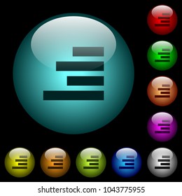Text align right icons in color illuminated spherical glass buttons on black background. Can be used to black or dark templates