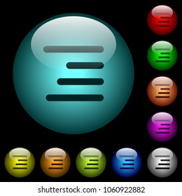 Text align right icons in color illuminated spherical glass buttons on black background. Can be used to black or dark templates