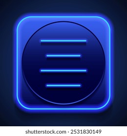 Text alignment icon, vector. Flat design. Blue neon style on button. With shadow.ai