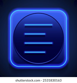 Text alignment icon vector. Flat design. Blue neon style on button. With shadow.ai