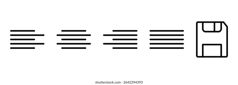 Text alignment and save icon set for document editor toolbar interface with left center right justify and floppy disk symbol.