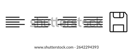 Text alignment and save icon set for document editor toolbar interface with left center right justify and floppy disk symbol.
