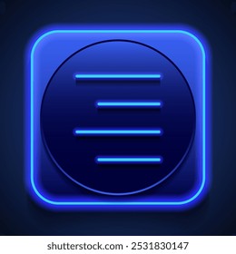 Text alignment simple icon vector. Flat design. Blue neon style on button. With shadow.ai