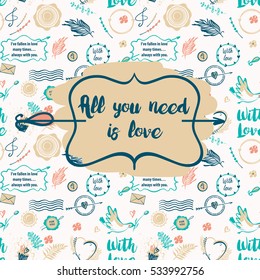 Text all you need is love. Stylish vector seamless pattern with bird for party event happy valentine day.