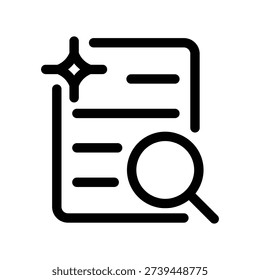 Text analysis icon. Ai research document with magnifying glass and Ai symbol. Black outline icon isolated on white. Vector illustration