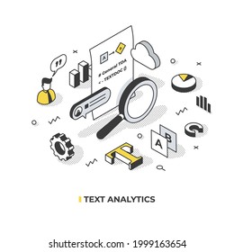 Text analytics. Transforming unstructured text into data to discover new information and answer research questions. Abstract isometric illustration