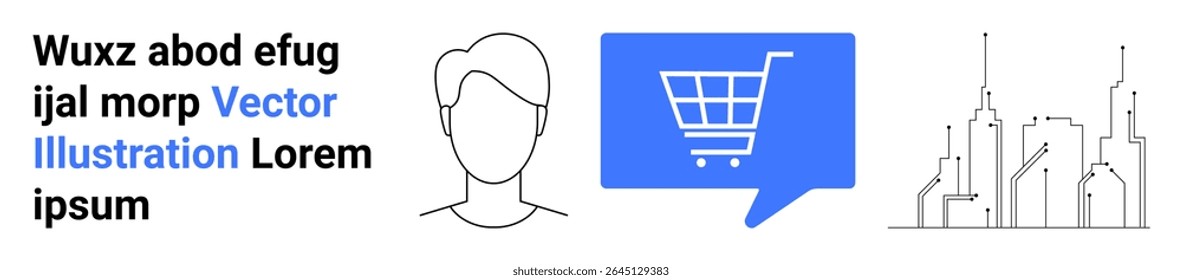 Área de texto, contorno de uma pessoa, balão de fala com carrinho de compras, paisagem urbana com edifícios. Ideal para uso de marcas, comércio eletrônico, tecnologia, design urbano, marketing, interface de usuário, uso editorial. Aterrissagem