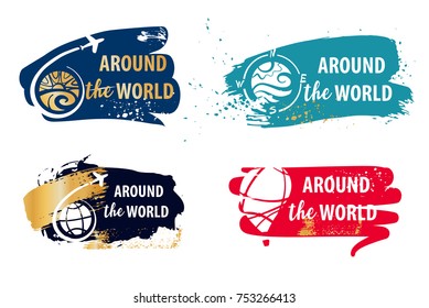 Text around the world. Sketch vector illustration. Template travel agency logo.