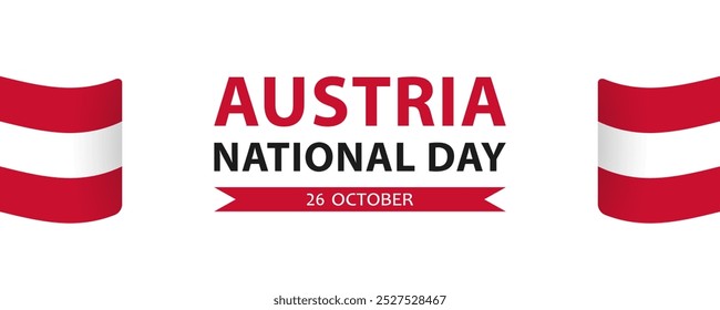 Text Austria National Day, 26 october and Austrian flags on white background. Simple minimalist web banner design.