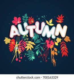 Text autumn in paper style on multicolor background with autumn leaves. Hand drawn grunge blots elements. Fall style for autumn sale.