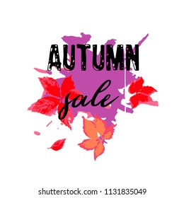 Text Autumn Sale, discount banners.Red leaves with grunge elements, ink drops, abstract background. Vector illustration.