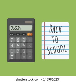 text back to school art. concept vector electronic calculator for elementary math & education. calculate creative pocket calculator flat design cartoon & notebook or lined paper isolated on background