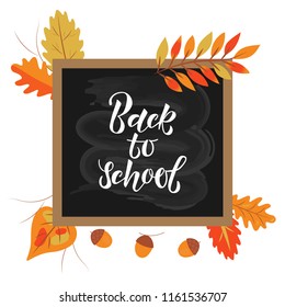Text BACK TO SCHOOL. School black board with leaves and hand written white lettering.Design element for the design of leaflets, cards, envelopes, covers, flyers. Vector illustration EPS 10.


