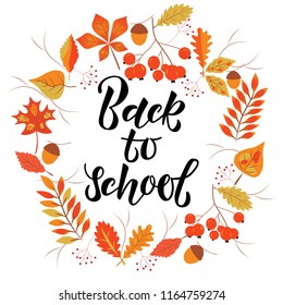 Text BACK TO SCHOOL. Black lettering  with orange leaves.
Design element for the design of leaflets, cards, envelopes, covers, flyers. Vector illustration EPS 10.


